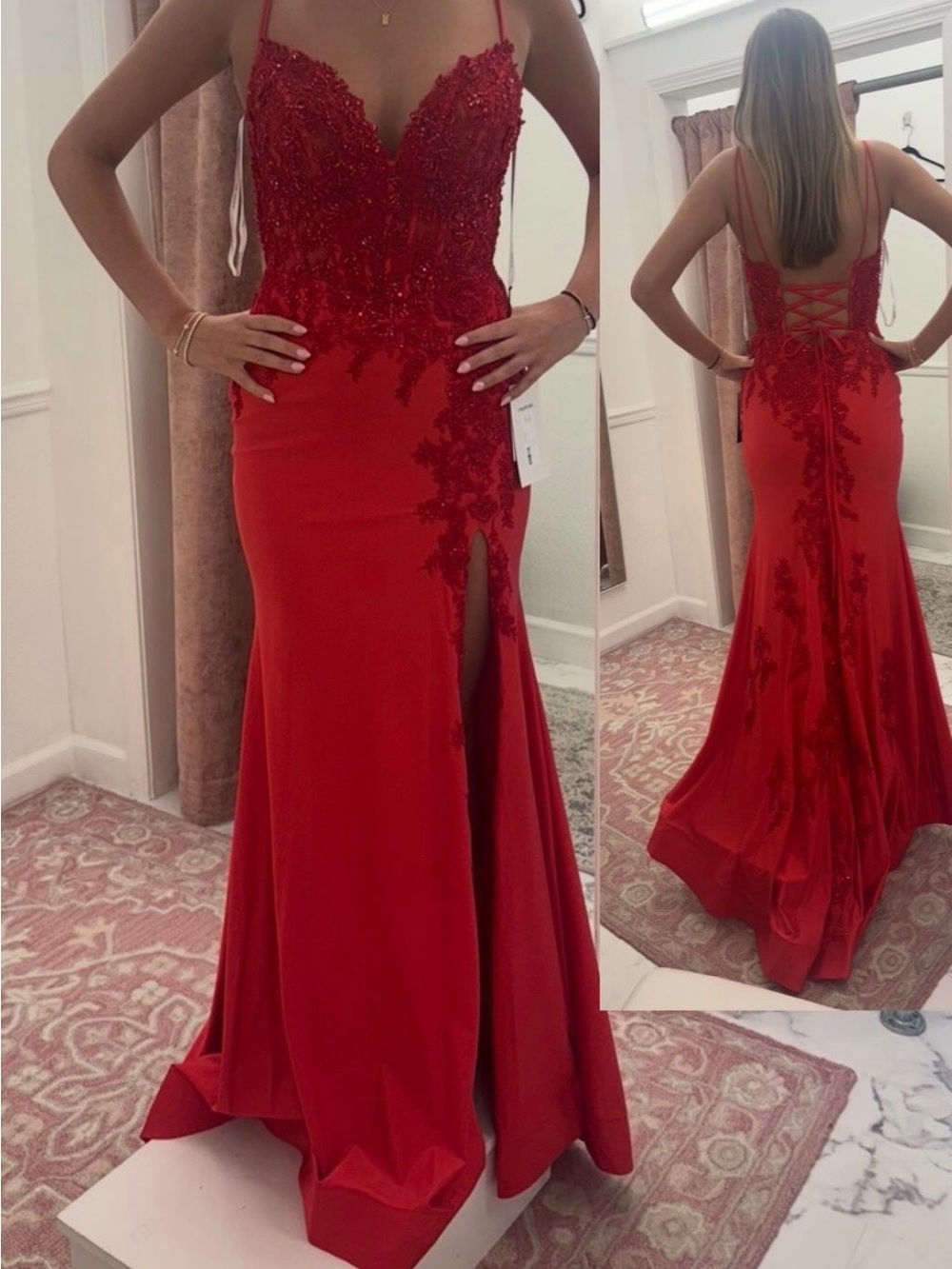 Sherri Hill Red Lace-Appliqué Spaghetti Strap Prom Gown
